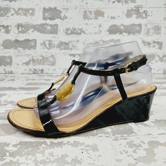 Juicy Couture Shoes - Juicy Couture Black Gold Platform Patent Leather Sandal Wedge Straps O347
